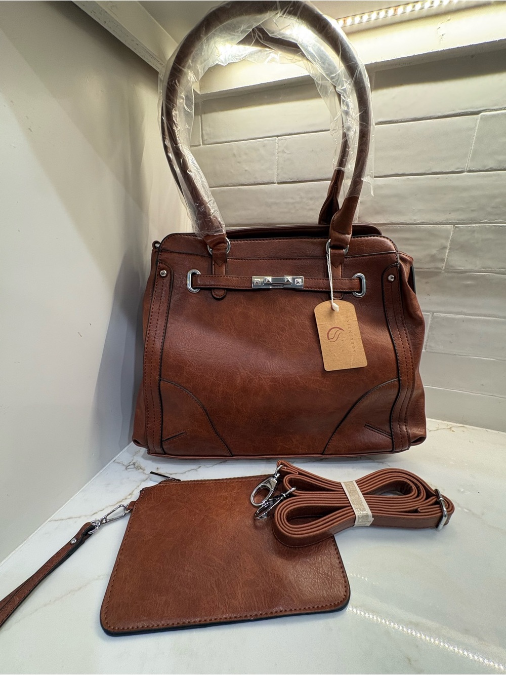 Sorrentino, Brown Women’s Satchel with Removable Strap & Wristlet, NEW